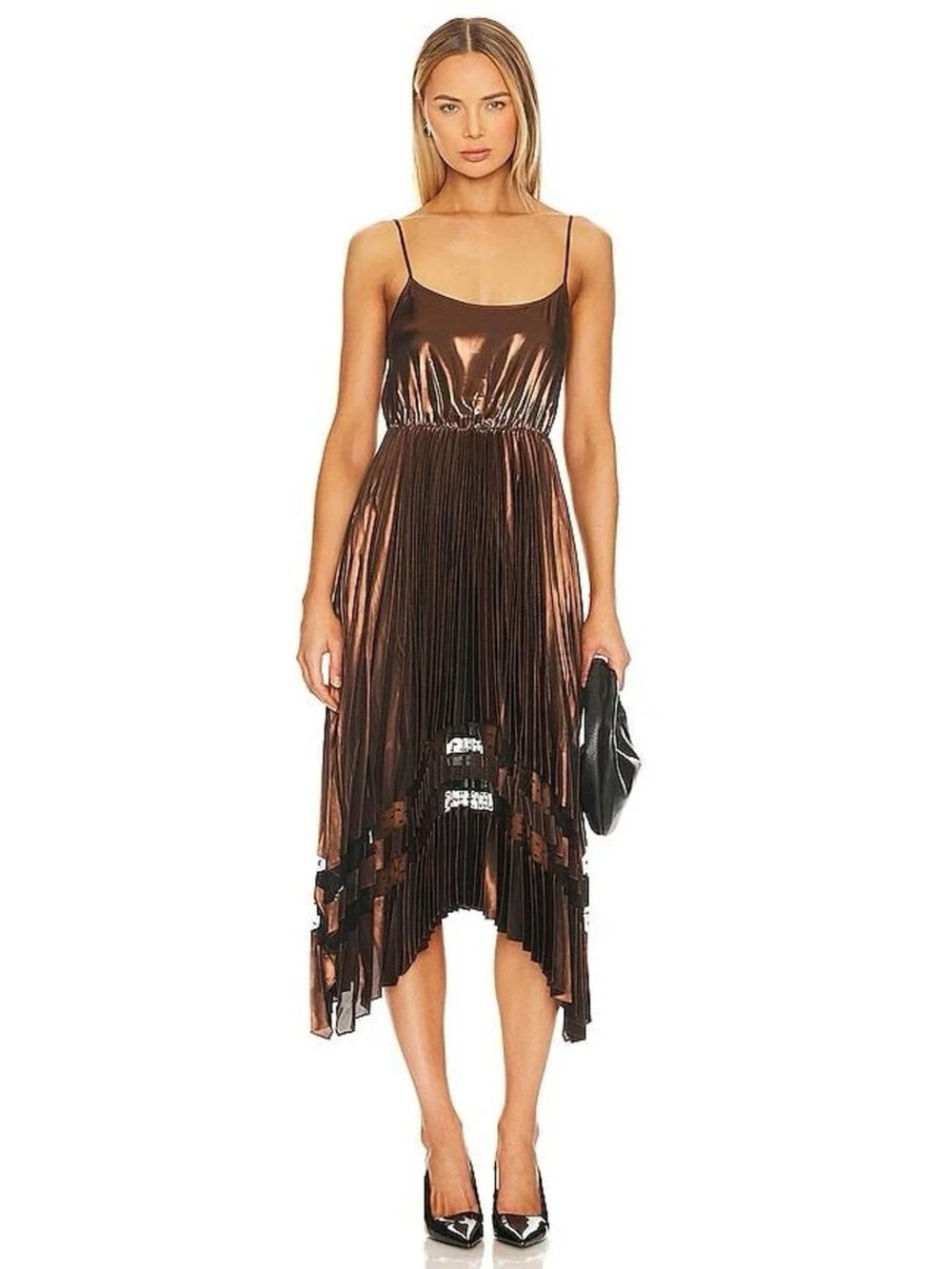 AllSaints Metallic Copper Pleated Slip Dress - Women